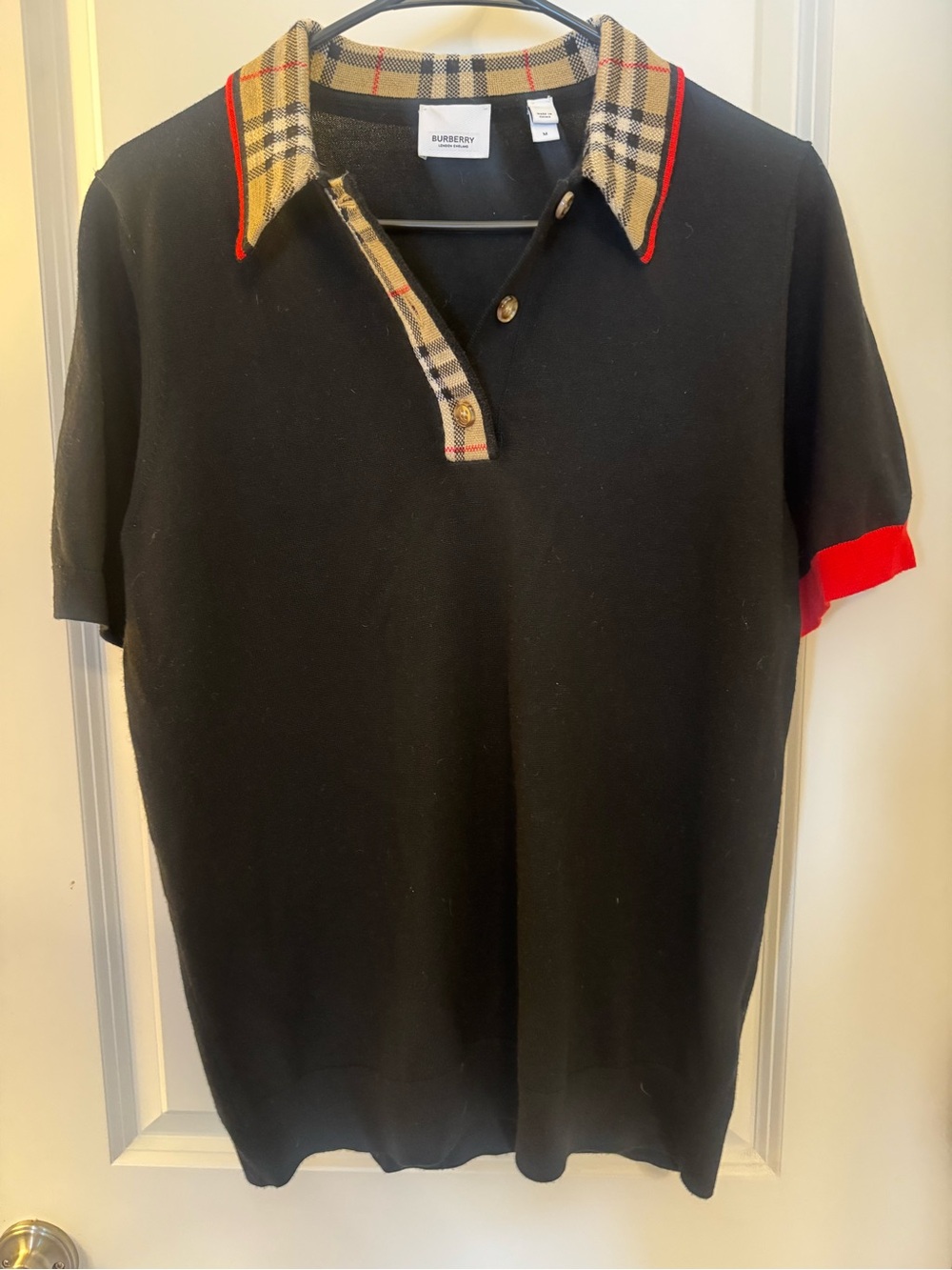 Burberry Black Polo with Vintage Check Collar and Red Trim